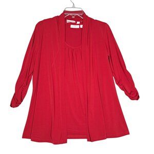 Susan Graver Liquid Knit Cardigan Tank Top 2Pc Set Red Ruched Sleeves Womens S